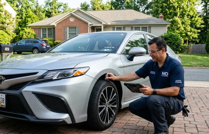 Uber or Lyft Vehicle Inspection in Maryland with a mobile inspector checking a rideshare car.