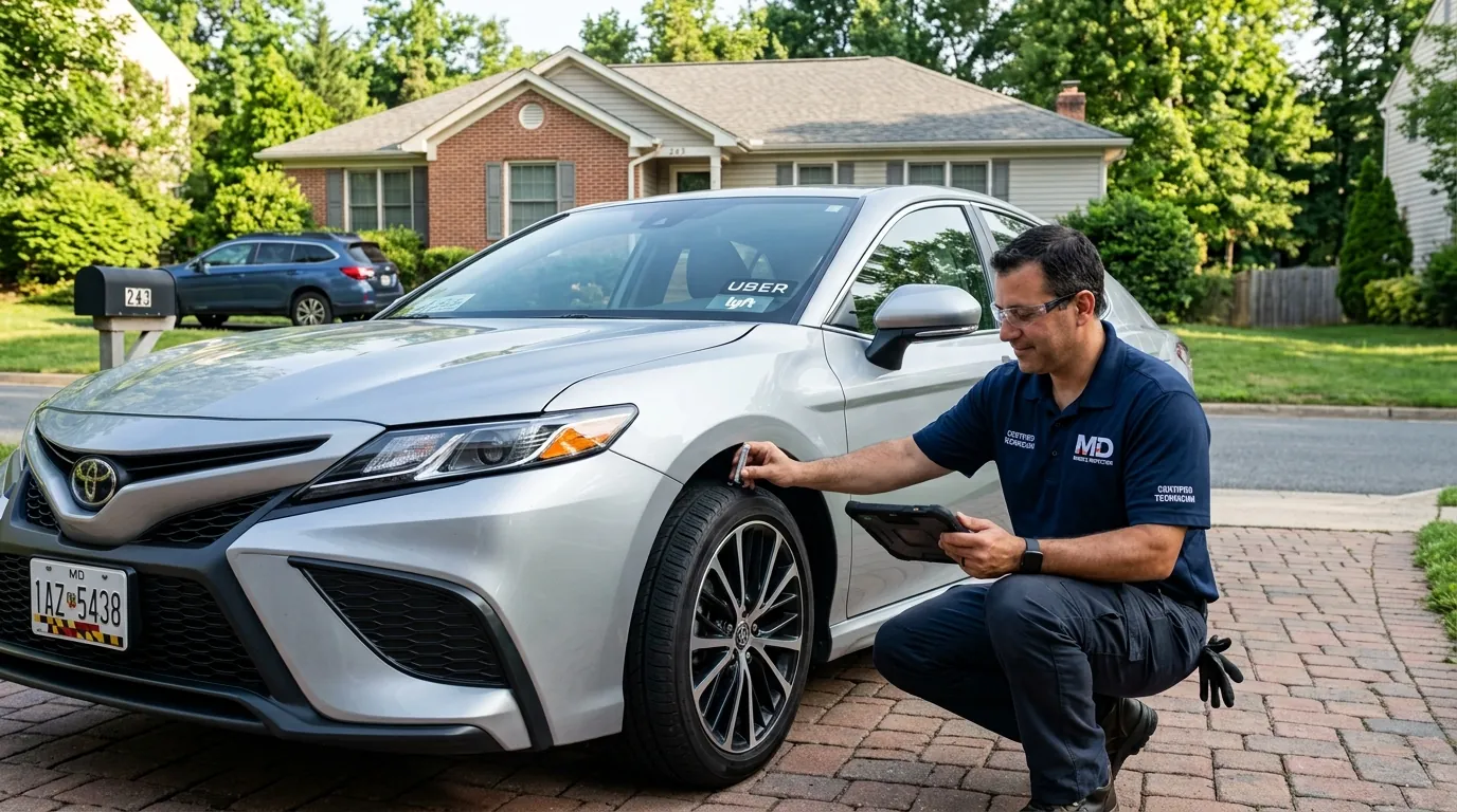 Uber or Lyft Vehicle Inspection in Maryland with a mobile inspector checking a rideshare car.