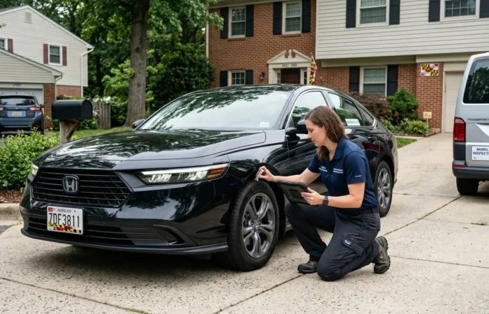 Rideshare Vehicle Inspection Maryland mobile service checking a rideshare vehicle at a driver’s home.