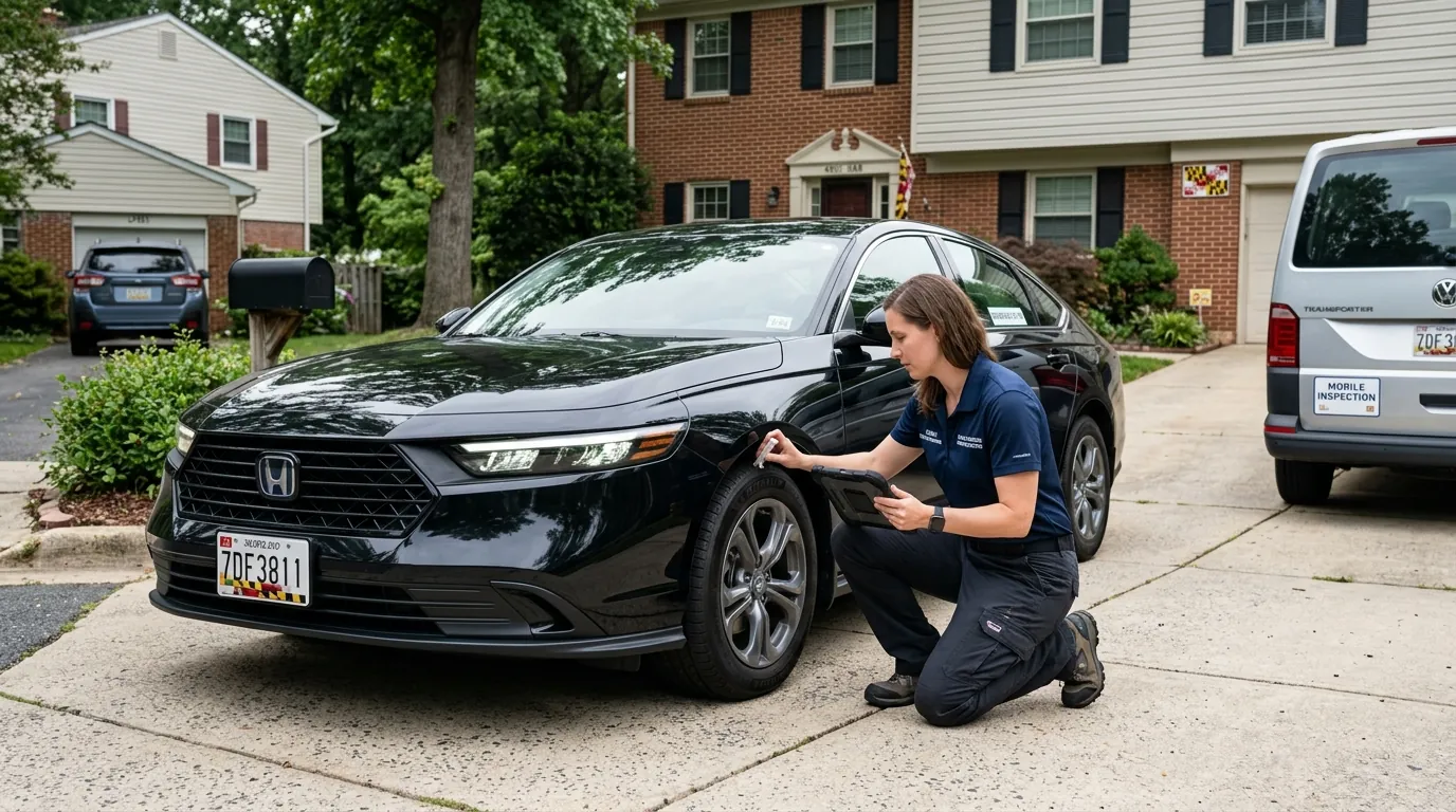Rideshare Vehicle Inspection Maryland mobile service checking a rideshare vehicle at a driver’s home.