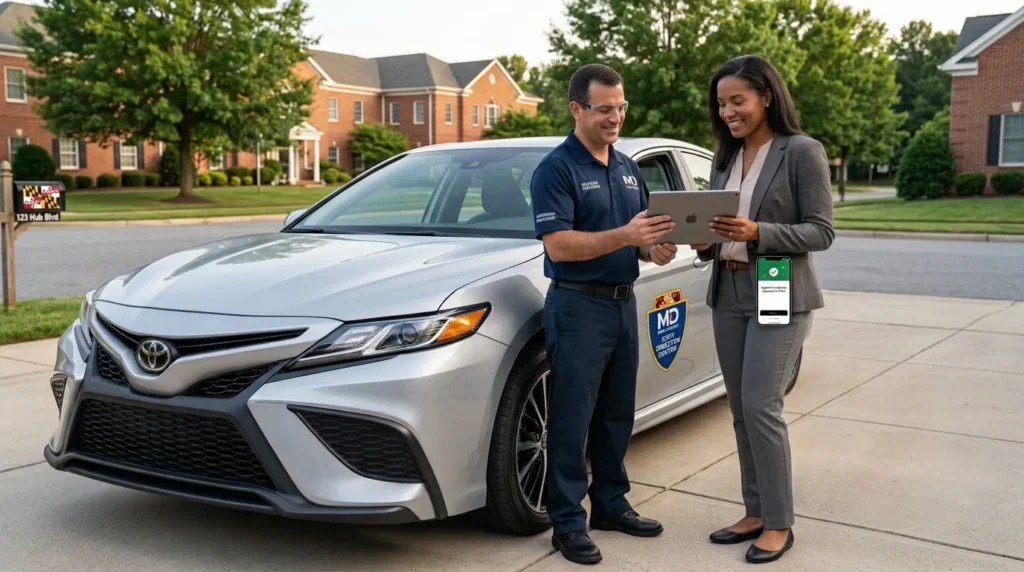 1. Uber or Lyft Vehicle Inspection in Maryland driver receiving an inspection certificate after approval.