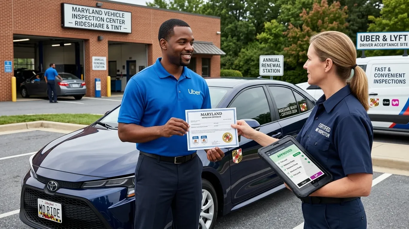 1. Rideshare Vehicle Inspection Maryland driver receiving an inspection certificate after vehicle approval.