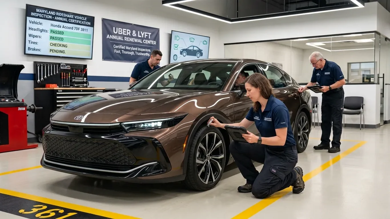 Rideshare Vehicle Inspection Maryland technician inspecting a vehicle for Uber and Lyft certification.