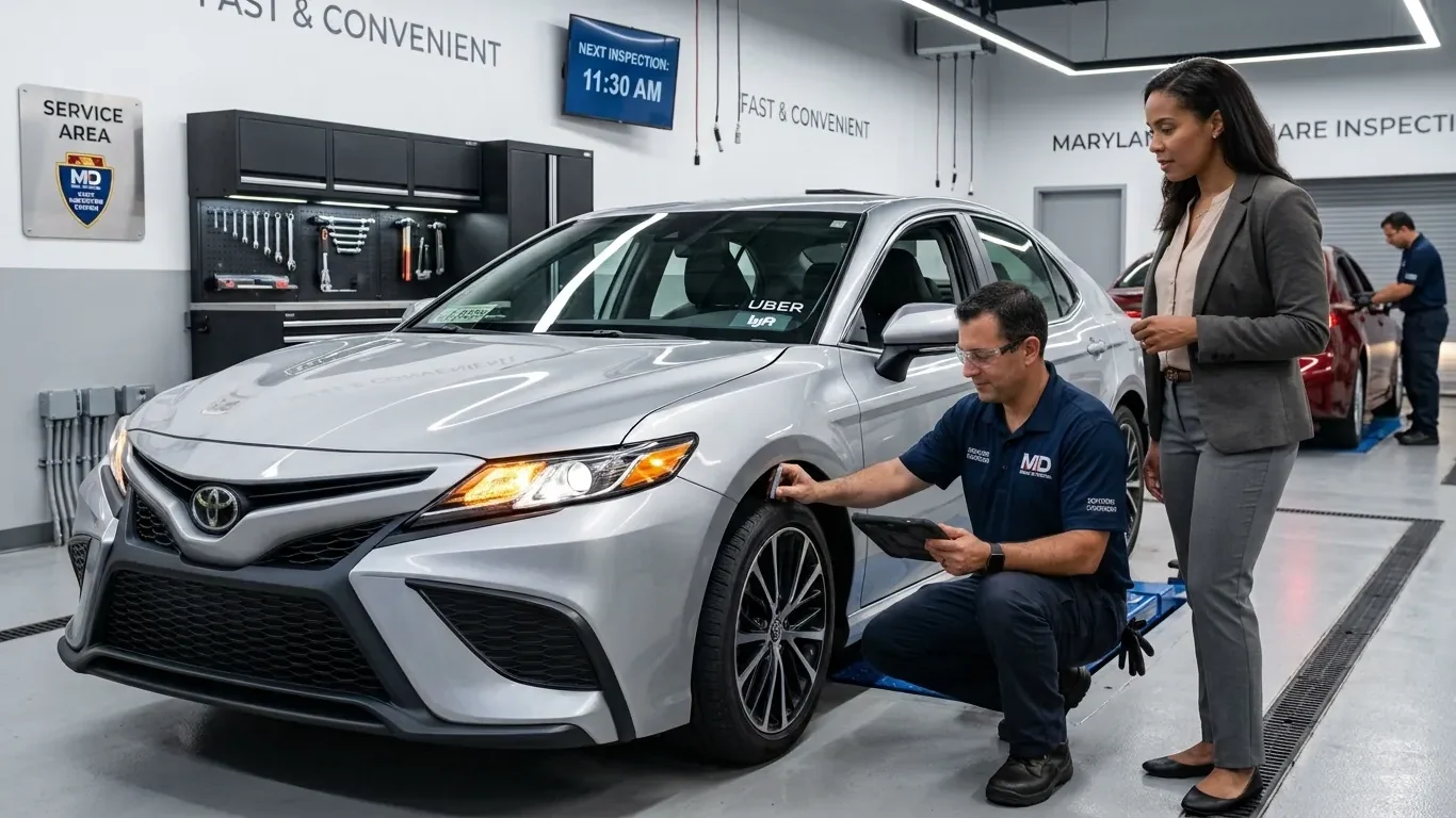 Uber or Lyft Vehicle Inspection in Maryland technician performing a professional vehicle safety inspection.